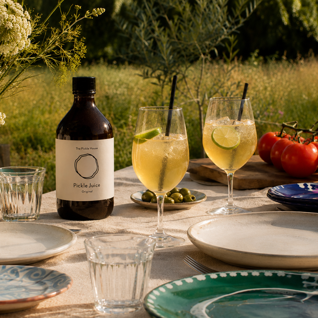 A bottle of pickle juice with a white label is set on an outdoor table alongside two glasses of pale yellow beverage with lime slices, plates, olives, tomatoes, and a white vase with wildflowers in a grassy field.

