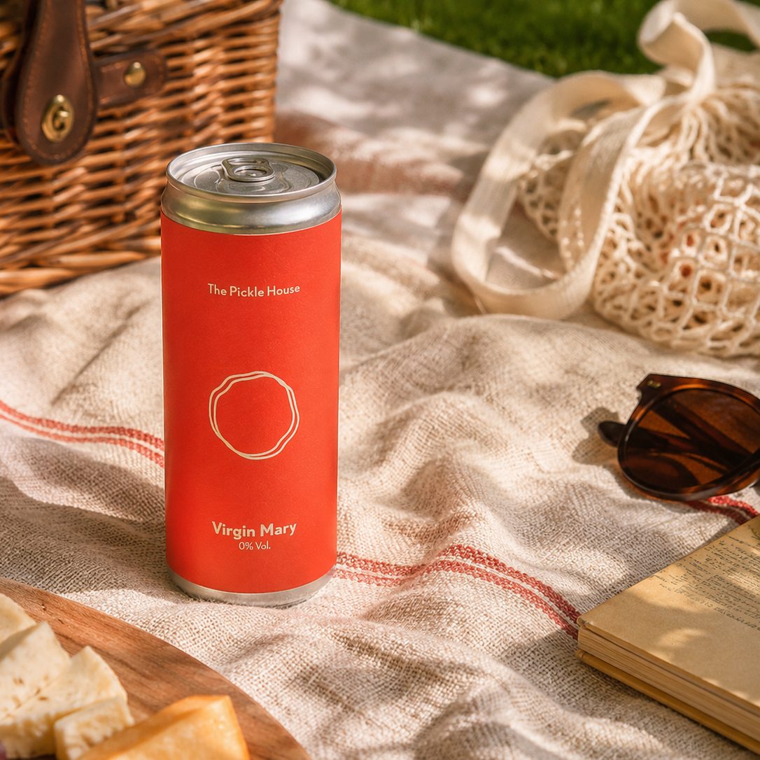 A red can of 'The Pickle House' Virgin Mary,  styled on a picnic blanket with a wicker basket, strawberries, bread, cheese, grapes, and sunglasses.