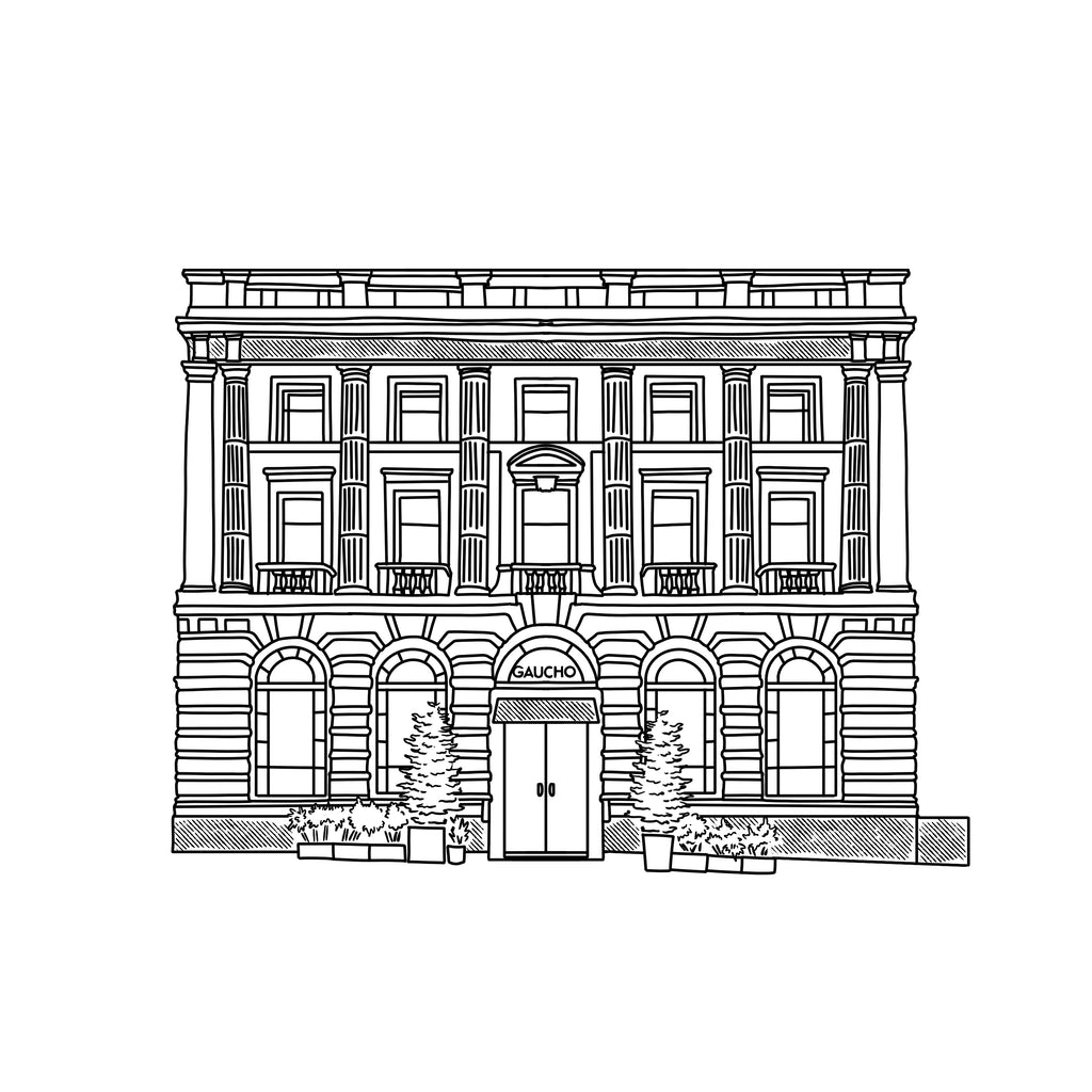 Black and white line drawing of a classical building facade