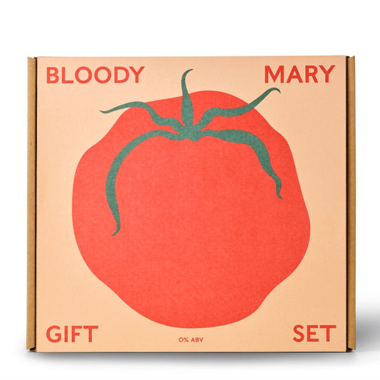 Box labeled 'Bloody Mary Gift Set' with a tomato illustration on a beige background