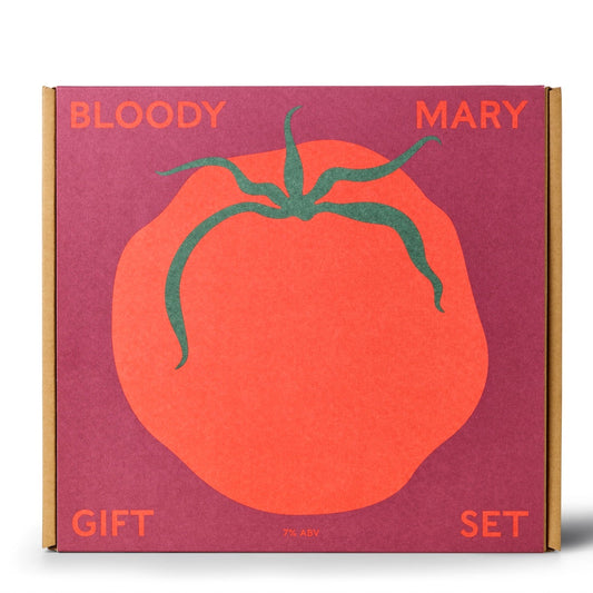 Gift set packaging with a tomato illustration and 'Bloody Mary' text on a purple background
