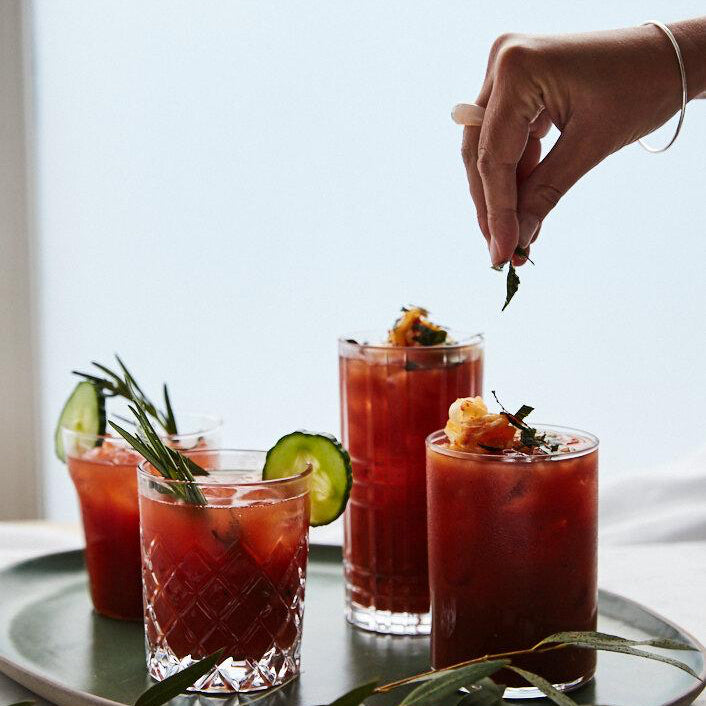 Bloody Mary made with The Pickle House Bloody Mary Can in a glass.